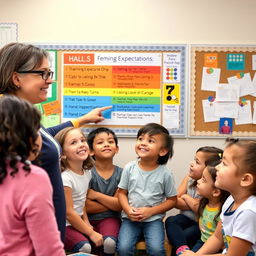 A vibrant classroom setting where a teacher uses an engaging visual presentation to remind students of their expectations for familiar tasks