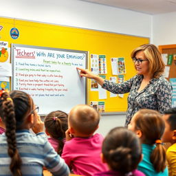 A vibrant classroom setting where a teacher uses an engaging visual presentation to remind students of their expectations for familiar tasks
