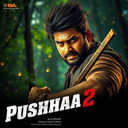 A dramatic scene from the movie 'Pushpa 2', featuring the main character, Pushpa Raj, portrayed by Allu Arjun, dressed in rugged attire with a fierce expression
