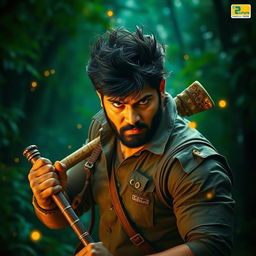 A dramatic scene from the movie 'Pushpa 2', featuring the main character, Pushpa Raj, portrayed by Allu Arjun, dressed in rugged attire with a fierce expression