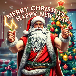 A dynamic and festive depiction of Zeus, the Greek god, celebrating Christmas