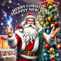 A dynamic and festive depiction of Zeus, the Greek god, celebrating Christmas