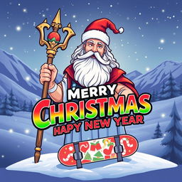A festive and vibrant illustration featuring Zeus, the Greek god, depicted in a Christmas theme