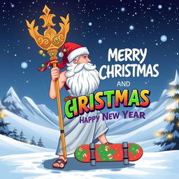 A festive and vibrant illustration featuring Zeus, the Greek god, depicted in a Christmas theme