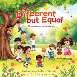 A beautifully illustrated children's book cover that features a diverse group of children playing together in a vibrant park setting