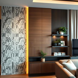 A beautifully designed interior wall of a modern home, showcasing an elegant arrangement of various textures and materials