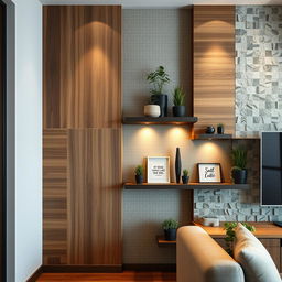A beautifully designed interior wall of a modern home, showcasing an elegant arrangement of various textures and materials