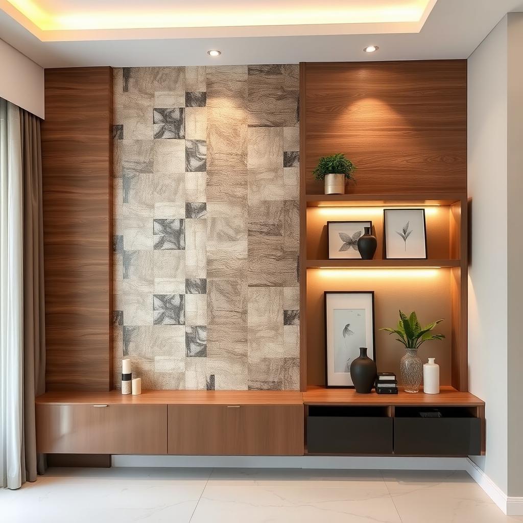 A beautifully designed interior wall of a modern home, showcasing an elegant arrangement of various textures and materials