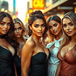 A captivating and alluring scene featuring several attractive women, dressed in elegant fashion that highlights their beauty