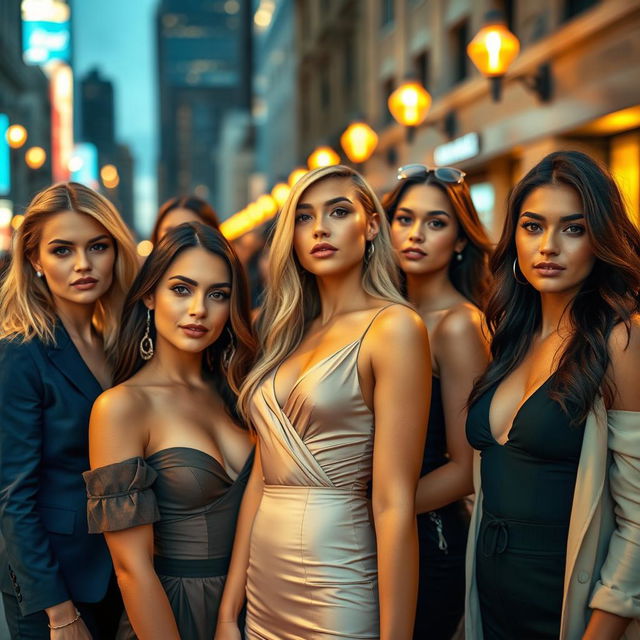 A captivating and alluring scene featuring several attractive women, dressed in elegant fashion that highlights their beauty