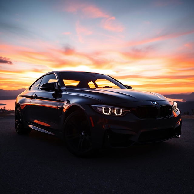 A sleek black BMW sports car parked on a scenic overlook with a stunning sunset in the background