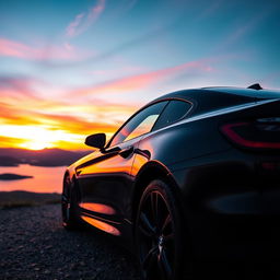 A sleek black BMW sports car parked on a scenic overlook with a stunning sunset in the background