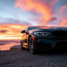 A sleek black BMW sports car parked on a scenic overlook with a stunning sunset in the background