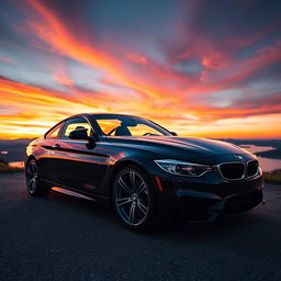 A sleek black BMW sports car parked on a scenic overlook with a stunning sunset in the background