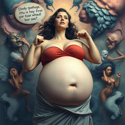 A surreal artistic representation of a woman with an exaggeratedly large belly, surrounded by abstract representations of stress and emotional turmoil