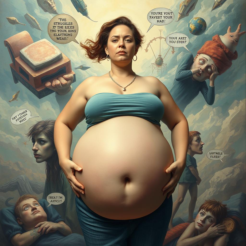 A surreal artistic representation of a woman with an exaggeratedly large belly, surrounded by abstract representations of stress and emotional turmoil