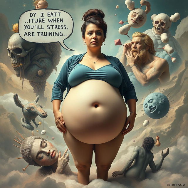 A surreal artistic representation of a woman with an exaggeratedly large belly, surrounded by abstract representations of stress and emotional turmoil