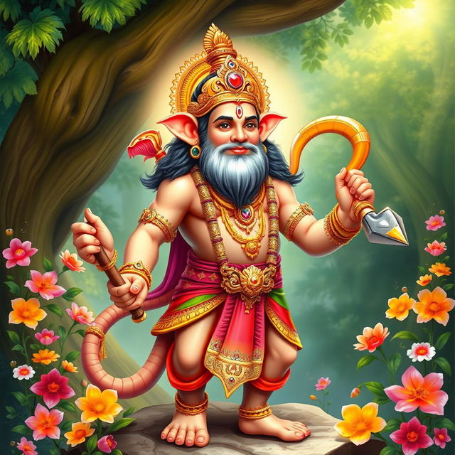 A majestic and vibrant depiction of Hanuman ji, the Hindu monkey god revered for his devotion and strength