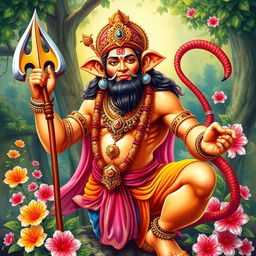 A majestic and vibrant depiction of Hanuman ji, the Hindu monkey god revered for his devotion and strength