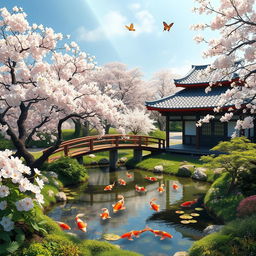 A serene landscape depicting a peaceful Japanese garden in spring with cherry blossom trees in full bloom