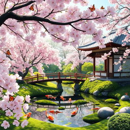 A serene landscape depicting a peaceful Japanese garden in spring with cherry blossom trees in full bloom