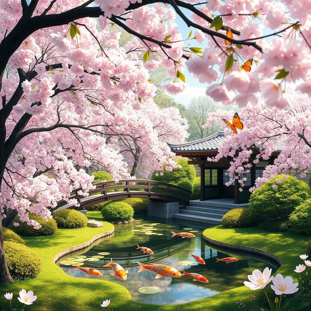 A serene landscape depicting a peaceful Japanese garden in spring with cherry blossom trees in full bloom