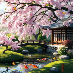 A serene landscape depicting a peaceful Japanese garden in spring with cherry blossom trees in full bloom