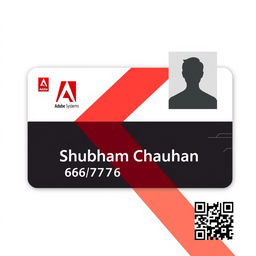 An employee ID card design for Adobe Systems featuring the name 'Shubham Chauhan' prominently displayed in a modern, professional font