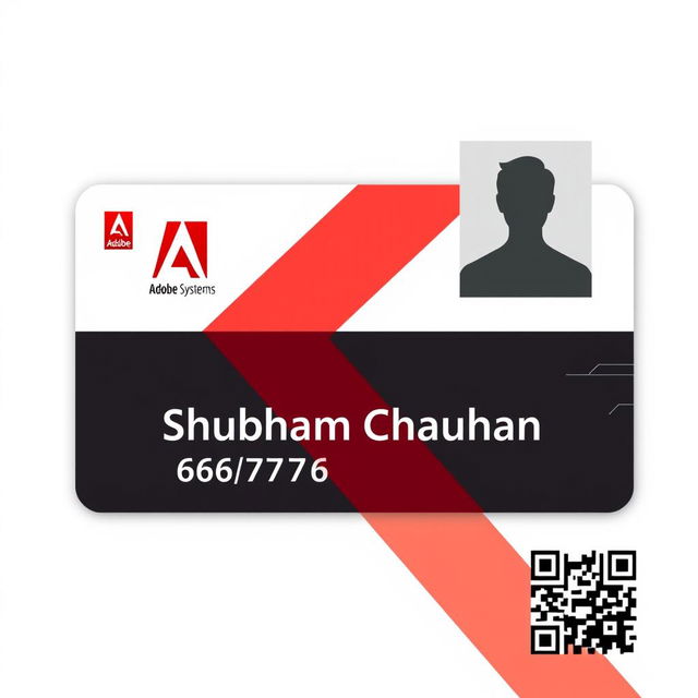 An employee ID card design for Adobe Systems featuring the name 'Shubham Chauhan' prominently displayed in a modern, professional font