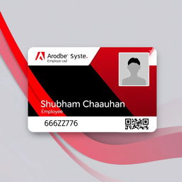 An employee ID card design for Adobe Systems featuring the name 'Shubham Chauhan' prominently displayed in a modern, professional font