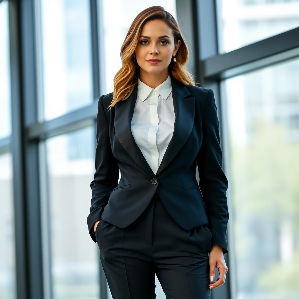 A stylish woman wearing a fitted black blazer paired with a crisp white shirt and tailored trousers