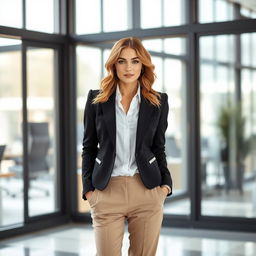 A stylish woman wearing a fitted black blazer paired with a crisp white shirt and tailored trousers
