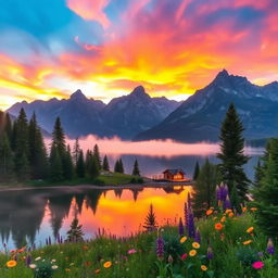 A breathtaking landscape featuring a serene lake surrounded by majestic mountains at sunrise