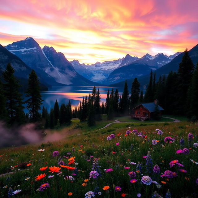 A breathtaking landscape featuring a serene lake surrounded by majestic mountains at sunrise