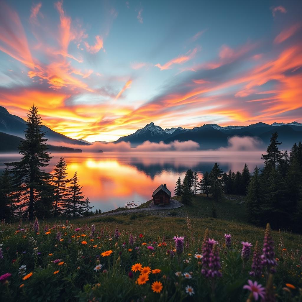 A breathtaking landscape featuring a serene lake surrounded by majestic mountains at sunrise