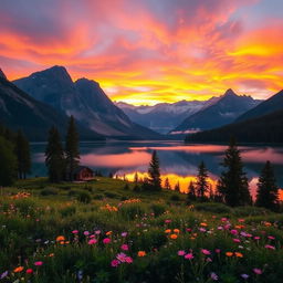 A breathtaking landscape featuring a serene lake surrounded by majestic mountains at sunrise