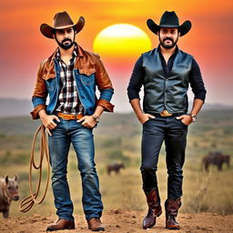 A dynamic duo of Prabhas and Ram Charan dressed in stylish cowboy attire, set against a scenic backdrop of a Western landscape