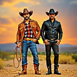 A dynamic duo of Prabhas and Ram Charan dressed in stylish cowboy attire, set against a scenic backdrop of a Western landscape