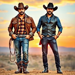 A dynamic duo of Prabhas and Ram Charan dressed in stylish cowboy attire, set against a scenic backdrop of a Western landscape