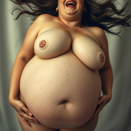 A surreal and somewhat abstract portrayal of an exaggeratedly voluptuous woman, with a focus on her curvaceous belly and ample bosom