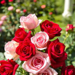 A breathtaking arrangement of realistic roses in full bloom, showcasing a variety of colors including deep red, soft pink, and creamy white