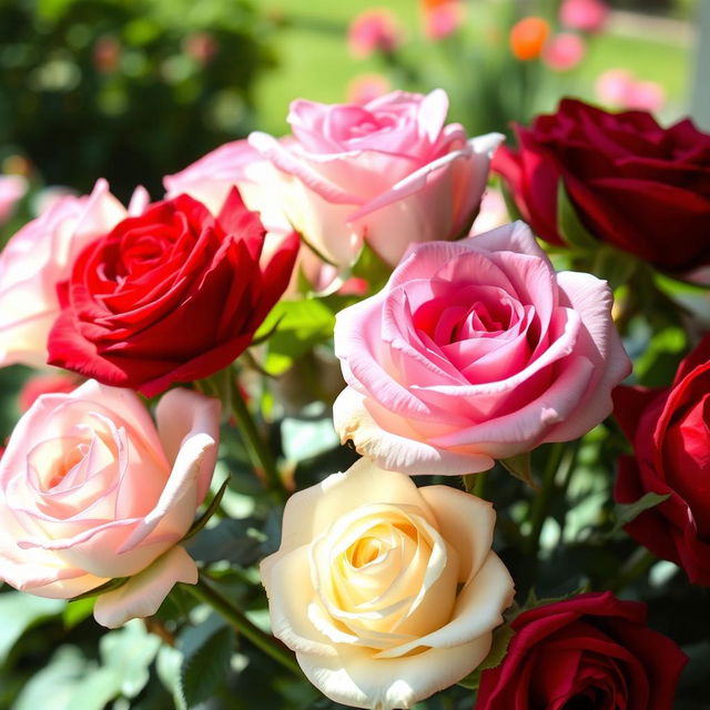 A breathtaking arrangement of realistic roses in full bloom, showcasing a variety of colors including deep red, soft pink, and creamy white