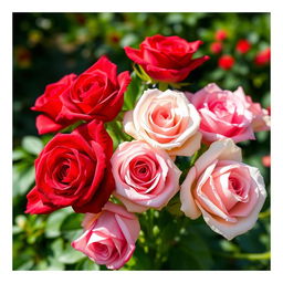 A breathtaking arrangement of realistic roses in full bloom, showcasing a variety of colors including deep red, soft pink, and creamy white