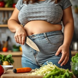 A close-up of a woman confidently using a cutting knife in a kitchen setting, her sturdy hands expertly handling the knife