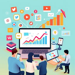 A visually engaging digital marketing concept showcasing various aspects of the field