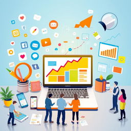 A visually engaging digital marketing concept showcasing various aspects of the field