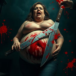 A dramatic and intense scene depicting a large woman in a visceral situation, her belly shown in a stylized manner, with a strong emphasis on the surreal aspects of the image
