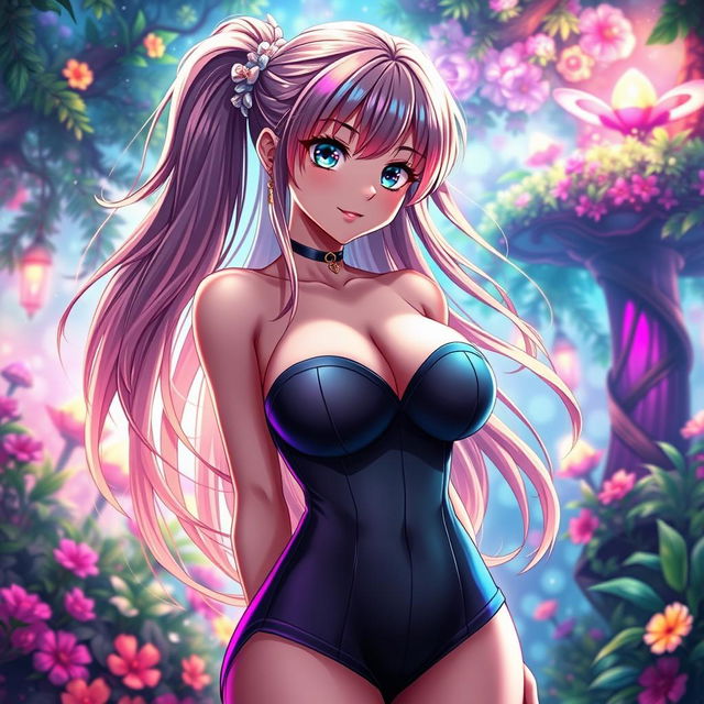 A vibrant and captivating scene featuring a beautiful anime girl with large breasts, wearing a form-fitting, stylish outfit that accentuates her curves