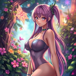 A vibrant and captivating scene featuring a beautiful anime girl with large breasts, wearing a form-fitting, stylish outfit that accentuates her curves