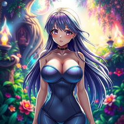 A vibrant and captivating scene featuring a beautiful anime girl with large breasts, wearing a form-fitting, stylish outfit that accentuates her curves